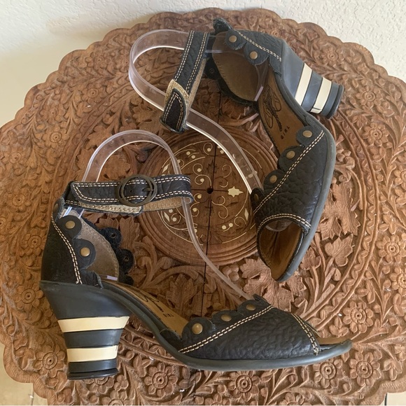 Fly London Black Pebble Leather Studded Mary Jane Open Toe Heels EU Size 36 - Picture 3 of 9